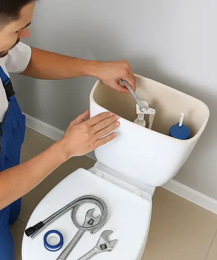 Plumber repairing toilet in The Woodlands, TX